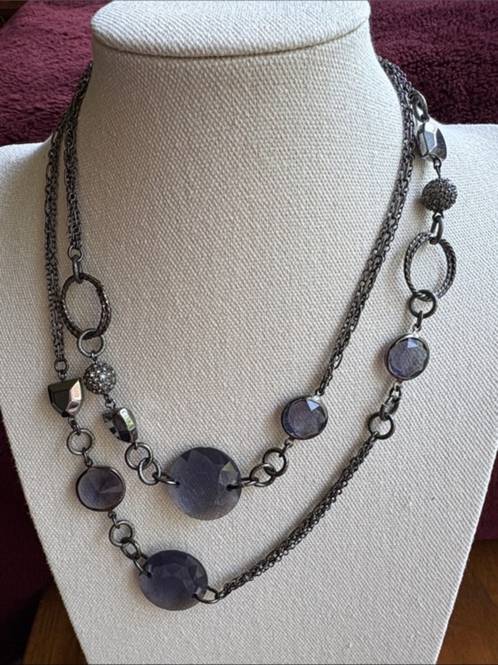 Lia Sophia Layered Gunmetal Necklace with Lavender Gem Accents New in box